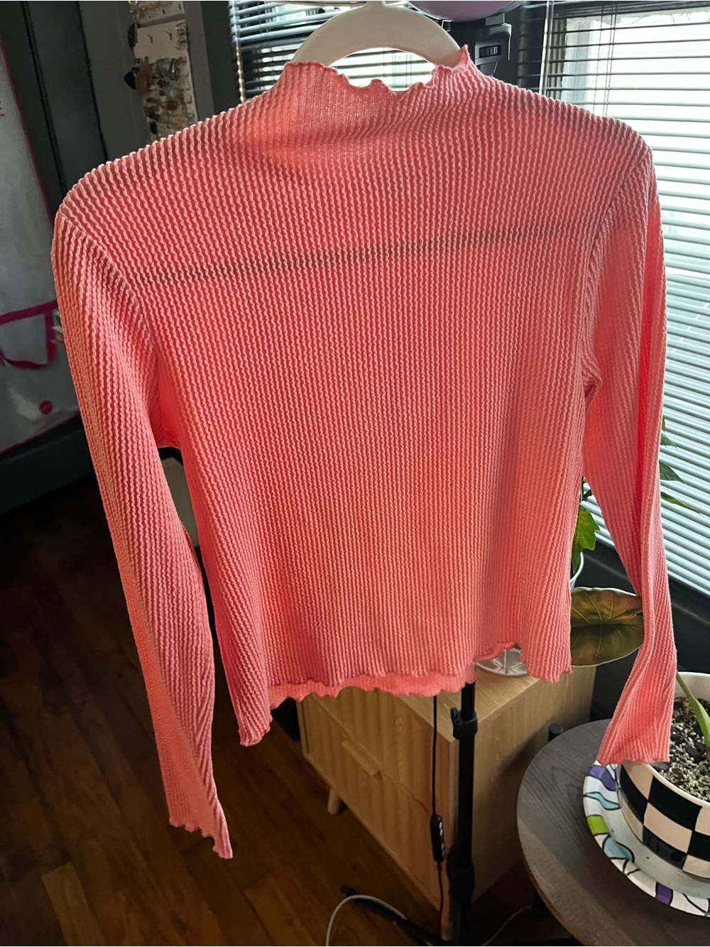 Zenana Medium Lettuce Trim High Neck Lightweight Pink Ribbed Long-Sleeve Top
